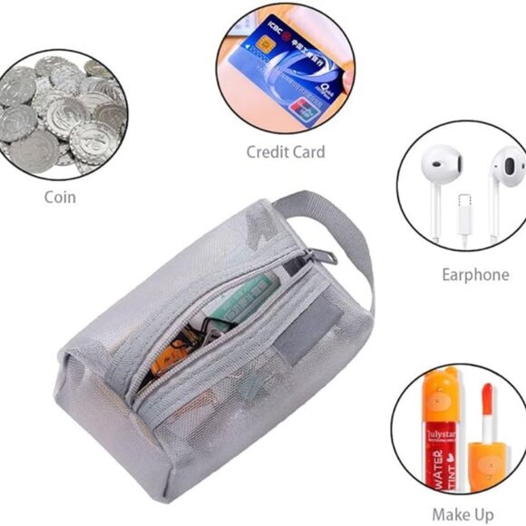 Zippered Square Mesh Cosmetic Bag or Coin Purse, 2 pcs  | 1 Black, 1 Grey - Picture 4 of 15